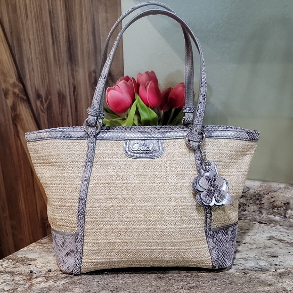 Coach Handbags - COACH EUC Alexandra straw tote with python leather trim